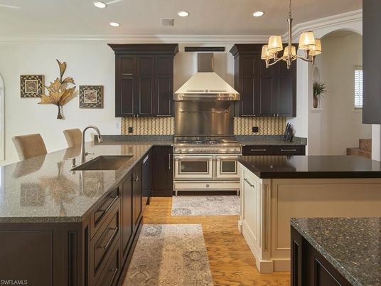 Chandelier, Interior, Kitchen, Recessed Lighting, Stainless Steel Appliances, Wood Texture Flooring