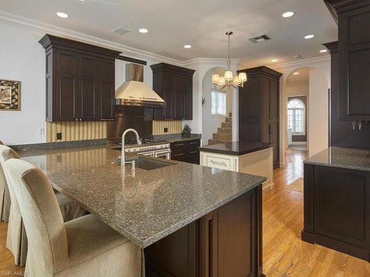 Chandelier, Interior, Kitchen, Recessed Lighting, Stainless Steel Appliances, Wood Texture Flooring