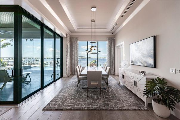 Dining room, Interior, Pendant Lights, Water, Wood Texture Flooring