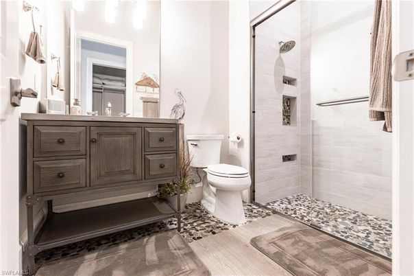 Bathroom, Glass Shower, Interior, Wood Texture Flooring