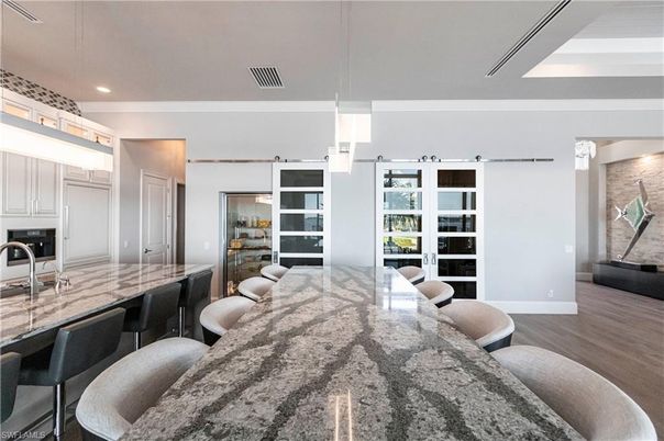 Dining room, Interior, Kitchen, Pendant Lights, Recessed Lighting, Wood Texture Flooring