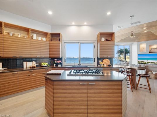 Interior, Kitchen, Pendant Lights, Recessed Lighting, Water, Wood Texture Flooring