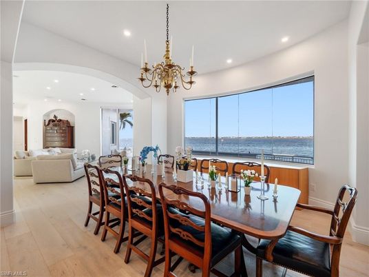 Chandelier, Dining room, Interior, Living room, Recessed Lighting, Water, Wood Texture Flooring