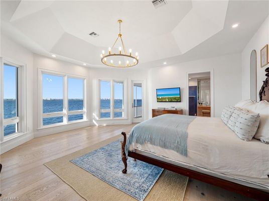 Bedroom, Interior, Pendant Lights, Recessed Lighting, Water, Wood Texture Flooring
