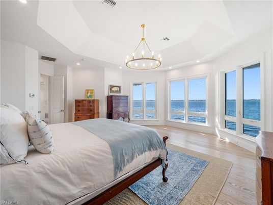 Bedroom, Chandelier, Interior, Recessed Lighting, Water, Wood Texture Flooring