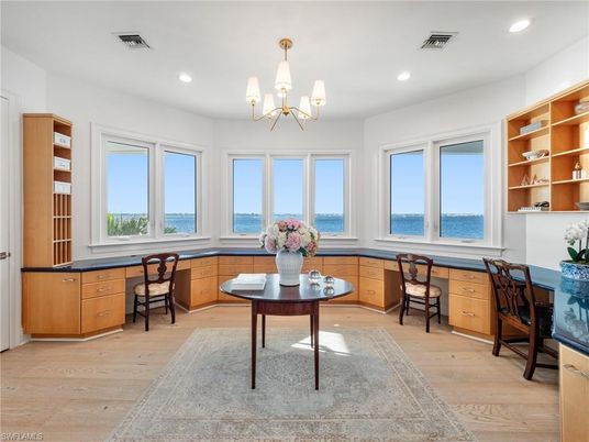 Chandelier, Home Office, Interior, Recessed Lighting, Water, Wood Texture Flooring