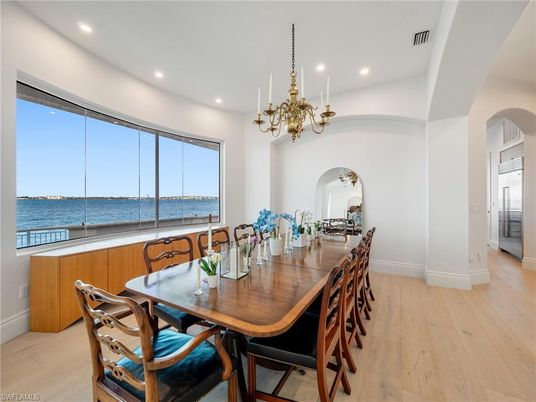 Chandelier, Dining room, Interior, Recessed Lighting, Water, Wood Texture Flooring