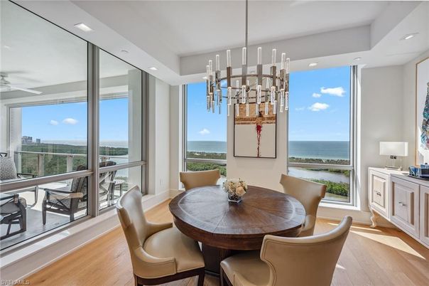 Dining room, Interior, Pendant Lights, Recessed Lighting, Water, Wood Texture Flooring