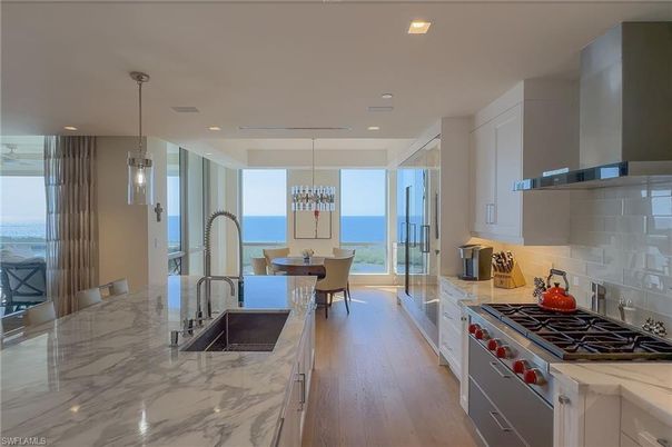 Dining room, Interior, Kitchen, Pendant Lights, Recessed Lighting, Water, Wood Texture Flooring
