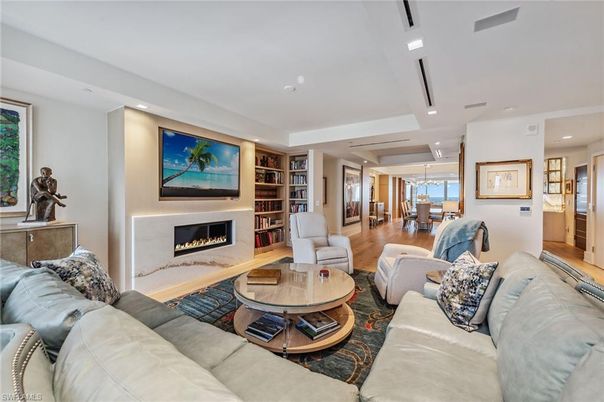 Dining room, Fireplace, Interior, Living room, Pendant Lights, Recessed Lighting, Wood Texture Flooring