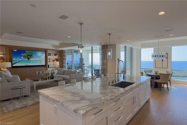 Dining room, Interior, Kitchen, Living room, Pendant Lights, Recessed Lighting, Water, Wood Texture Flooring
