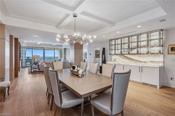 Dining room, Interior, Living room, Pendant Lights, Recessed Lighting, Wood Texture Flooring