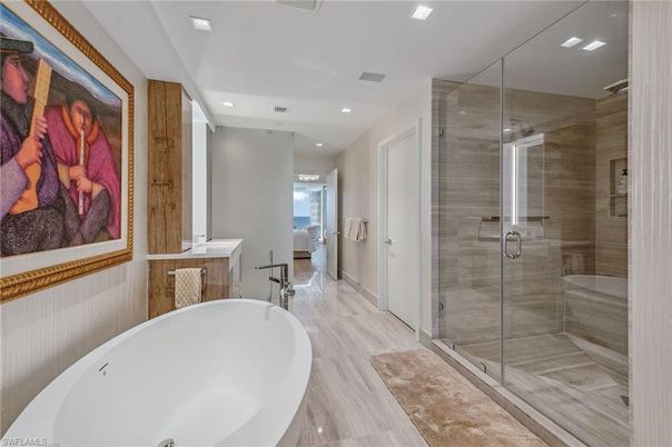 Bathroom, Free Standing Baths, Glass Shower, Interior, Recessed Lighting