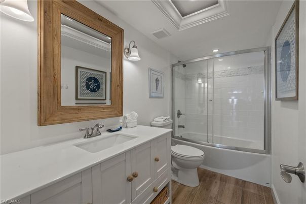 Bathroom, Glass Shower, Interior, Recessed Lighting, Wood Texture Flooring