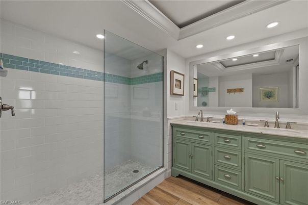 Bathroom, Glass Shower, Interior, Recessed Lighting, Wood Texture Flooring