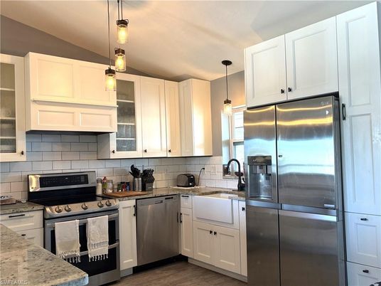Interior, Kitchen, Pendant Lights, Stainless Steel Appliances, Wood Texture Flooring