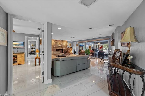 Interior, Living room, Marble, Pendant Lights, Recessed Lighting, Stone Walls