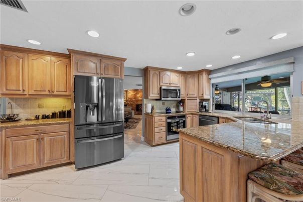 Interior, Kitchen, Marble, Recessed Lighting, Stainless Steel Appliances