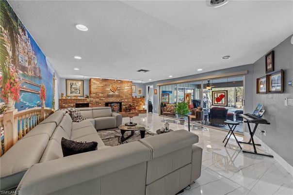 Fireplace, Interior, Living room, Recessed Lighting, Stone Walls