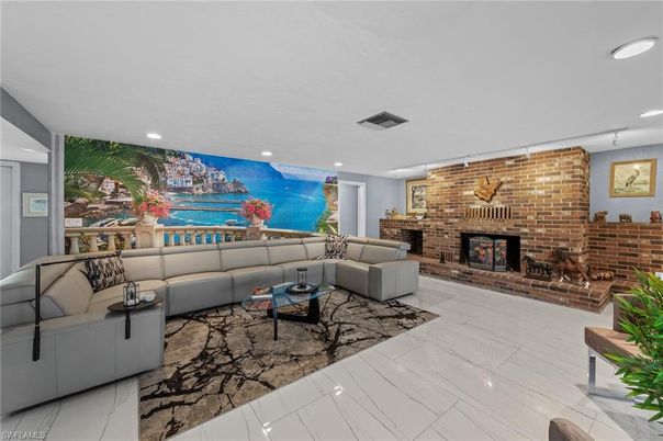 Fireplace, Interior, Living room, Recessed Lighting, Stone Walls