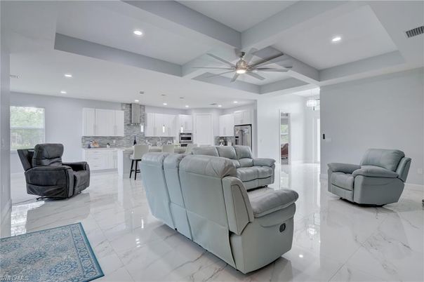 Interior, Kitchen, Living room, Marble, Recessed Lighting, Stainless Steel Appliances