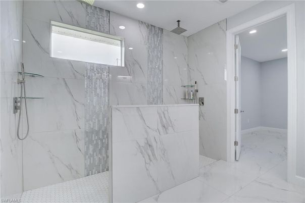 Bathroom, Glass Shower, Interior, Marble, Marble Walls, Recessed Lighting