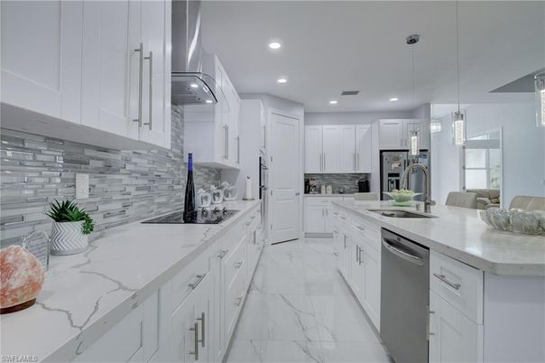 Interior, Kitchen, Marble, Pendant Lights, Recessed Lighting, Stainless Steel Appliances