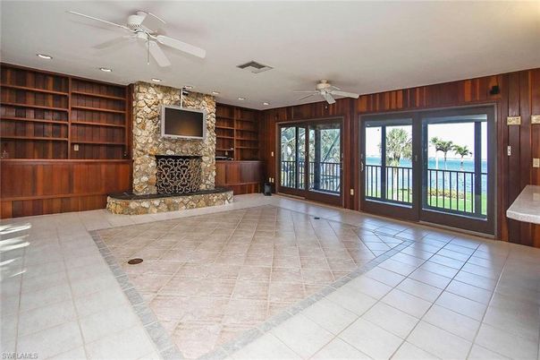 Empty room, Fireplace, Interior, Recessed Lighting, Water, Wooden Walls
