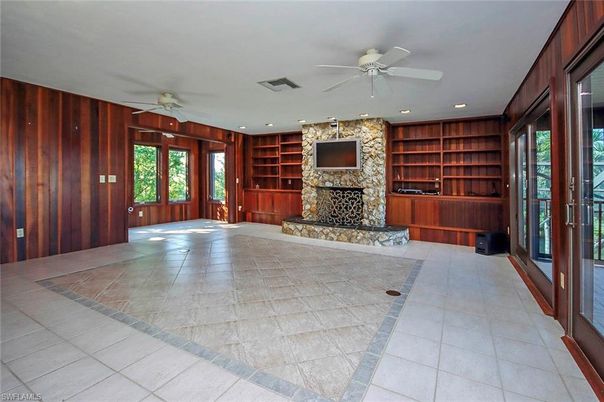 Empty room, Fireplace, Interior, Recessed Lighting, Wooden Walls