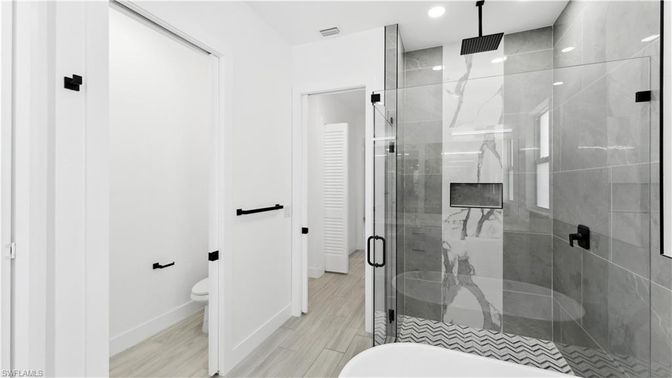 Bathroom, Glass Shower, Interior, Recessed Lighting, Wood Texture Flooring