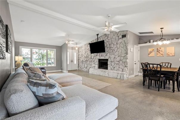Dining room, Fireplace, Interior, Pendant Lights, Stone Walls