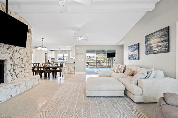 Dining room, Fireplace, Interior, Kitchen, Living room, Pendant Lights, Recessed Lighting, Stone Walls
