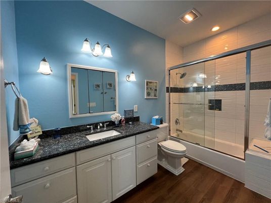 Bathroom, Glass Shower, Interior, Recessed Lighting, Wood Texture Flooring