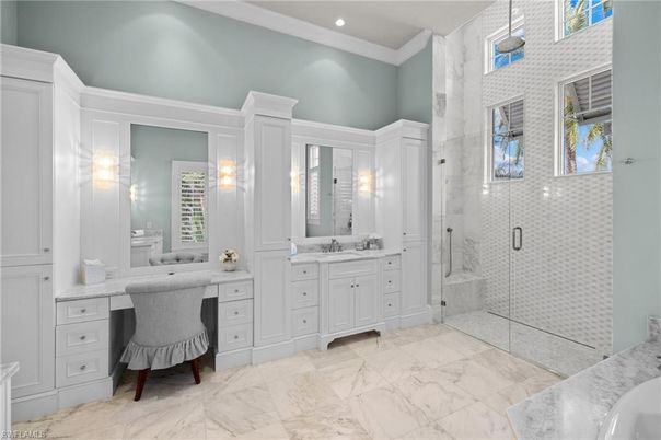 Bathroom, Dual Sink Vanities, Glass Shower, Interior, Marble, Recessed Lighting