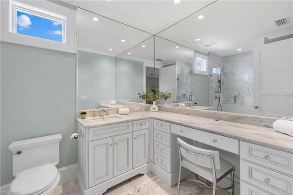Bathroom, Glass Shower, Interior, Marble, Marble Walls, Recessed Lighting