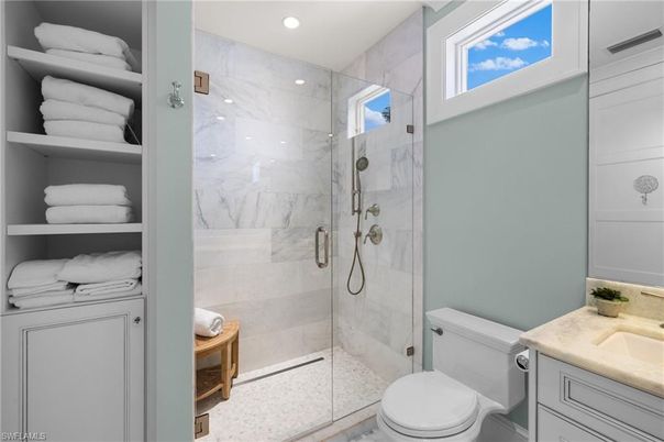 Bathroom, Glass Shower, Interior, Marble Walls, Recessed Lighting
