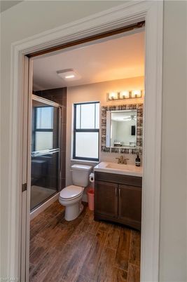 Bathroom, Glass Shower, Interior, Wood Texture Flooring