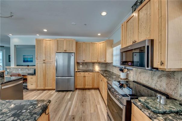 Interior, Kitchen, Recessed Lighting, Stainless Steel Appliances, Wood Texture Flooring