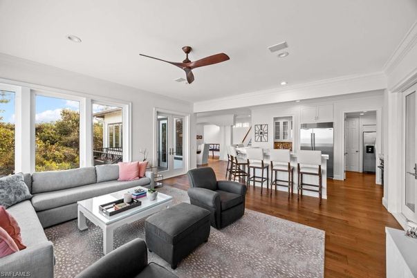 Dining room, Interior, Kitchen, Living room, Recessed Lighting, Stainless Steel Appliances, Wood Texture Flooring