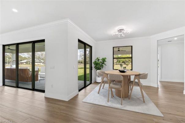 Dining room, Interior, Recessed Lighting, Wood Texture Flooring