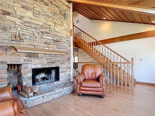 Fireplace, Interior, Recessed Lighting, Stone Walls, Wooden Beams, Wooden Ceilings, Wood Texture Flooring