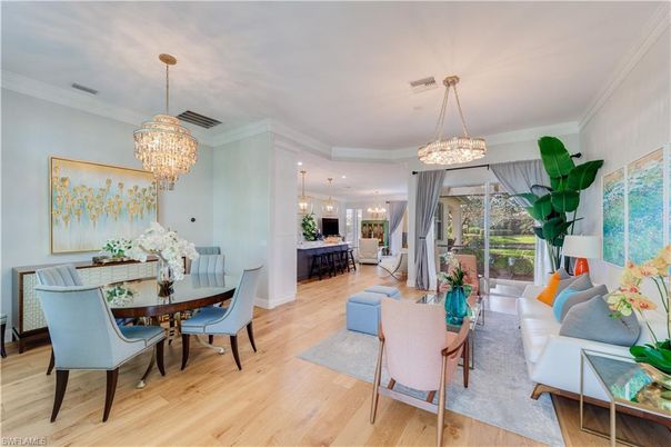 Chandelier, Dining room, Interior, Living room, Pendant Lights, Recessed Lighting, Wood Texture Flooring