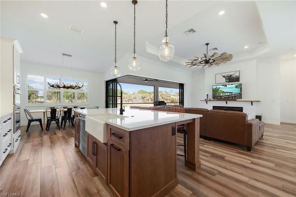 Dining room, Interior, Kitchen, Living room, Pendant Lights, Recessed Lighting, Wood Texture Flooring