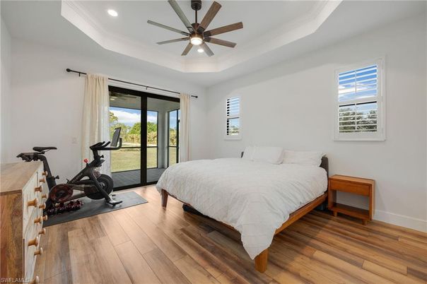 Bedroom, Fitness Equipment, Interior, Recessed Lighting, Wood Texture Flooring