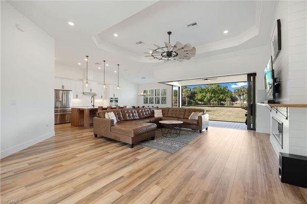 Interior, Kitchen, Living room, Pendant Lights, Recessed Lighting, Stainless Steel Appliances, Wood Texture Flooring