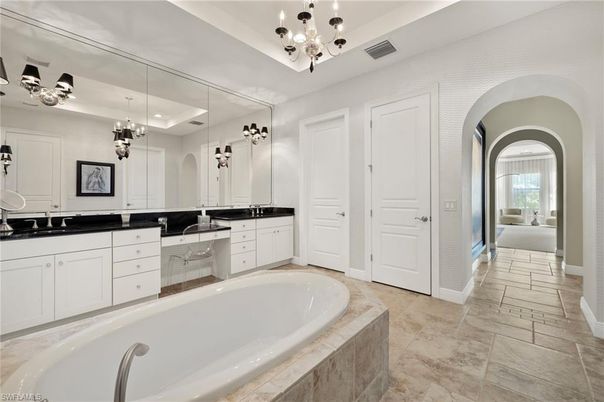 Bathroom, Chandelier, Dual Sink Vanities, Interior, Pendant Lights
