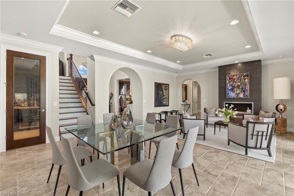 Dining room, Fireplace, Interior, Living room, Recessed Lighting