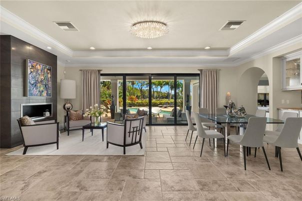Chandelier, Dining room, Fireplace, Interior, Living room, Recessed Lighting