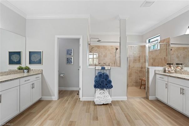 Bathroom, Glass Shower, Interior, Wood Texture Flooring