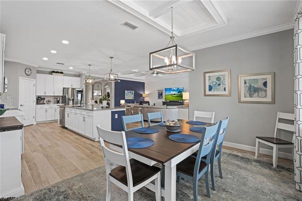 Dining room, Interior, Kitchen, Pendant Lights, Recessed Lighting, Stainless Steel Appliances, Wood Texture Flooring